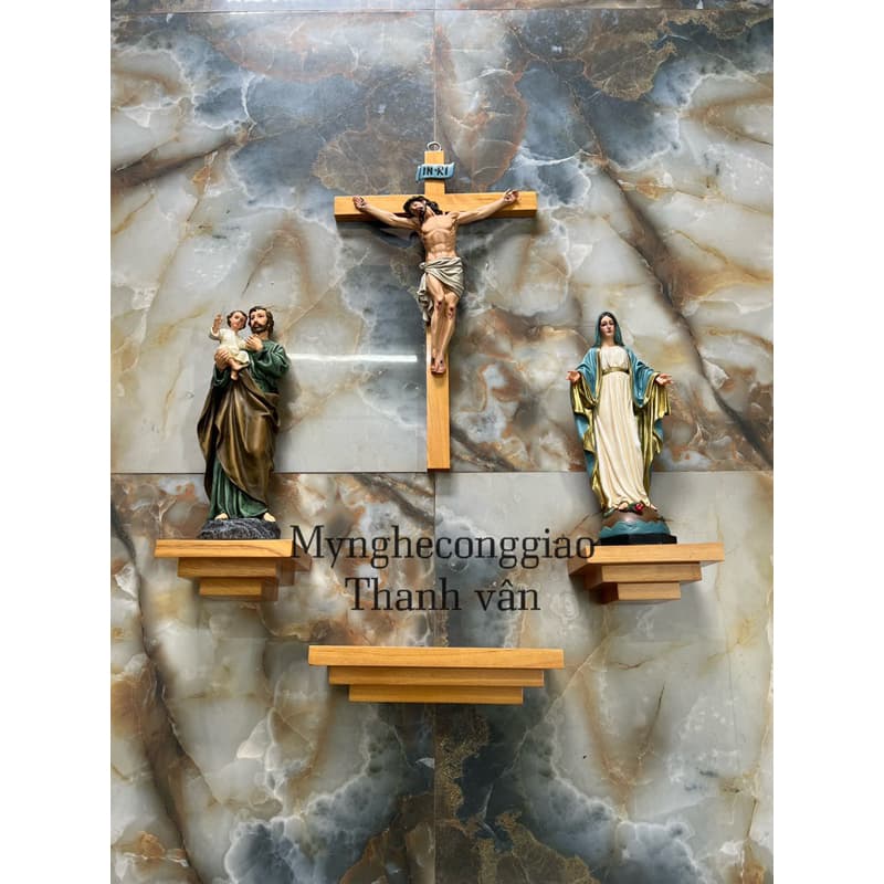 Trọn Bộ Bàn thờ công giáo mini tượng sơn giả cổ kệ vuông gỗ pơmu. - 1