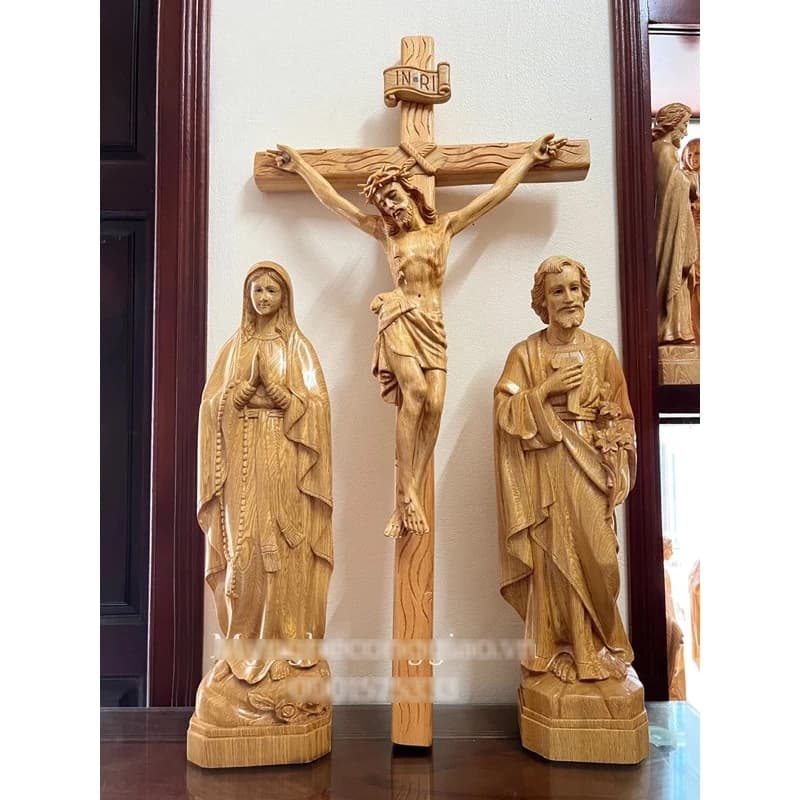 bộ tượng công giáo cao 50cm | bộ tượng chúa bằng gỗ pơmu | tượng giesu chịu nạn, ban ơn, giuse - 1