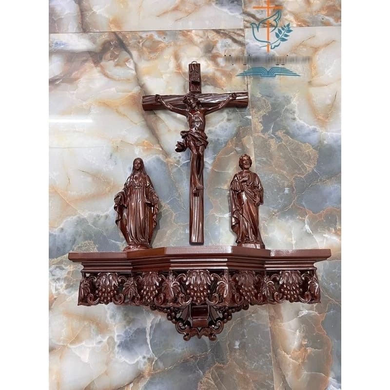 [ Hàng đặt ] Bộ bàn thờ chúa bằng gỗ pơmu phun màu | bộ kệ gỗ treo tường kèm tượng chúa +đức mẹ + giuse - 1