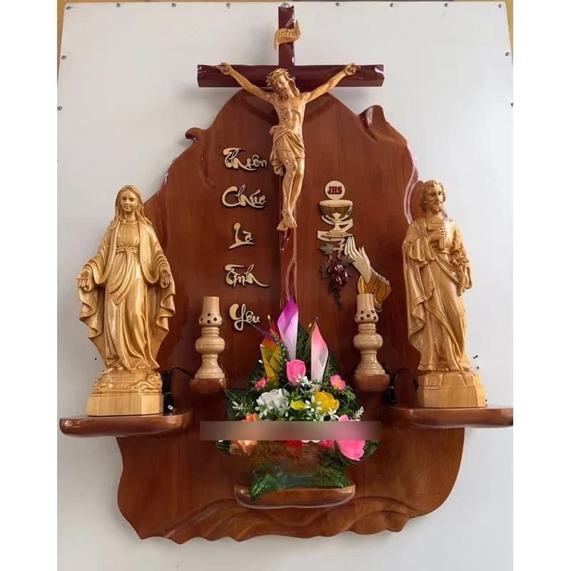 {Trọn bộ } bàn thờ công giáo nghệ thuật_bàn thờ treo tường mẫu gốc cây , tượng gỗ pơmu 50cm - 1