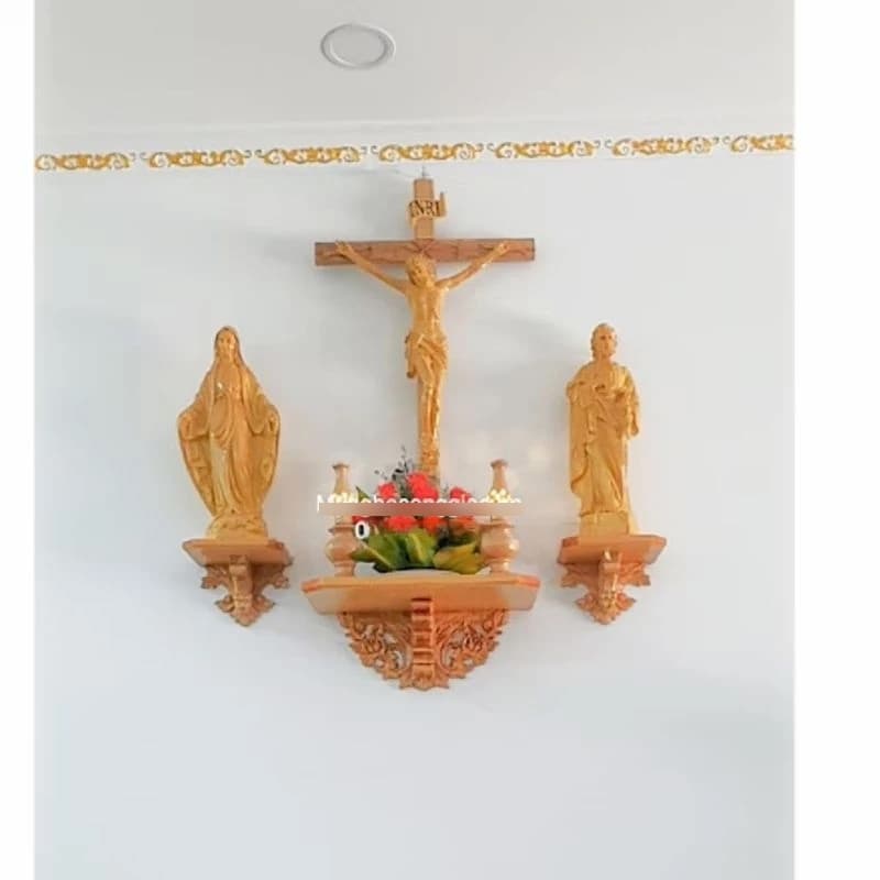 Bộ kệ gỗ công giáo kèm tượng giả giỗ cao cấp | tượng chúa chịu nạn+ đức mẹ ban ơn+ thánh giuse +đèn gỗ - 1