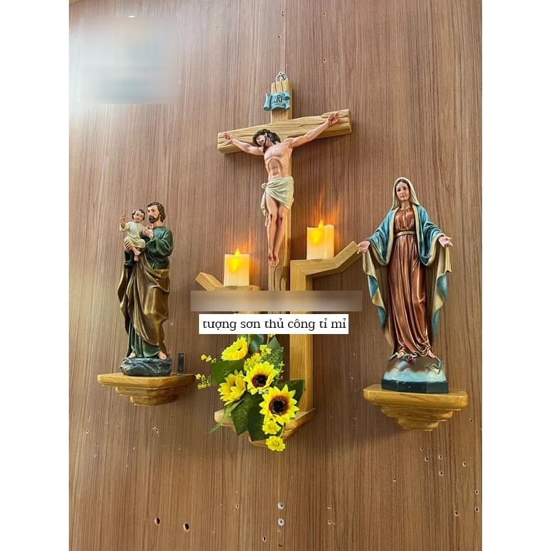 Bộ bàn thờ hiện đại treo tường ( 70x65cm)_Tượng Chúa, Đức Mẹ, Giuse sơn thủ công | Bộ bàn thờ công giáo treo tường - 1