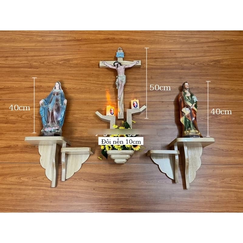 bàn thờ thiên chúa kệ sọc tay nến hiện đại 110x90cm | bàn thờ công giáo bằng gỗ treo tường lắp phòng khách - 1