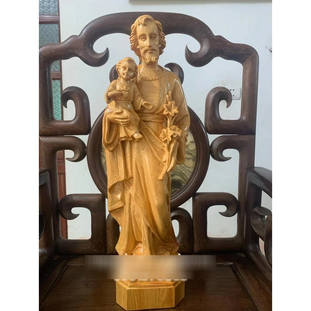 Tượng Giuse bằng gỗ pơmu cao 50cm | Tượng Công Giáo | Giuse bế chúa hiện đại cao 50cm | Tượng thủ công | - 1