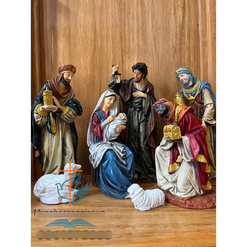 bộ tượng noel hiện đại cao 25cm | bộ tượng giáng sinh cao cấp kèm 3 vua và chiên cừu | tượng công giáo bằng composite - 1