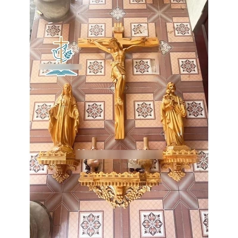 bàn thờ công giáo treo tường | bộ 3 kệ gỗ cho tượng chúa, đức mẹ, tượng thánh quan thầy | bàn thờ chúa lắp phòng khách - 1