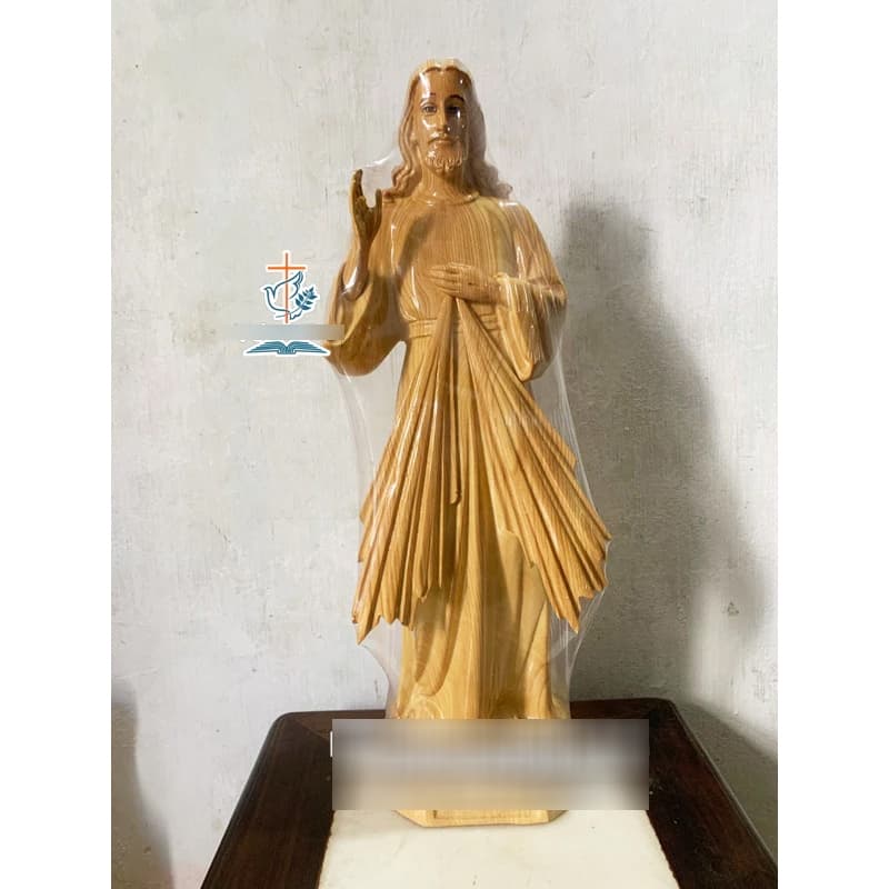 Tượng lòng chúa thương xót composit cao 50cm phun 3D giả gỗ | tượng chúa giesu để bàn thờ công giáo cao cấp - 1