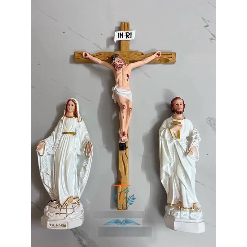 bộ tượng công giáo composit cao 30cm thánh giá gỗ 50cm phun màu trắng. - 1
