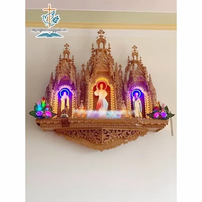 Bộ bàn thờ chúa 3 buồng 12 cột toà kép gỗ gõ đỏ | bàn thờ công giáo bằng gỗ treo tường cao cấp | tòa gỗ kèm tượng và đèn - 1