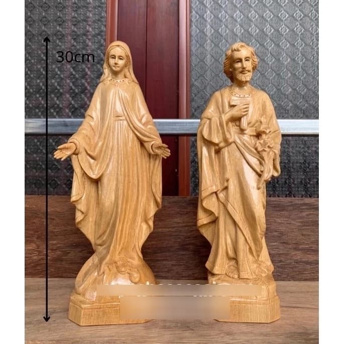 Bộ Tượng Đức Mẹ ban ơn + Ông thánh Giuse thợ bằng gỗ pơmu | Tượng Công Giáo để bàn thờ Chúa | mẹ Maria và thánh cả Giuse - 1