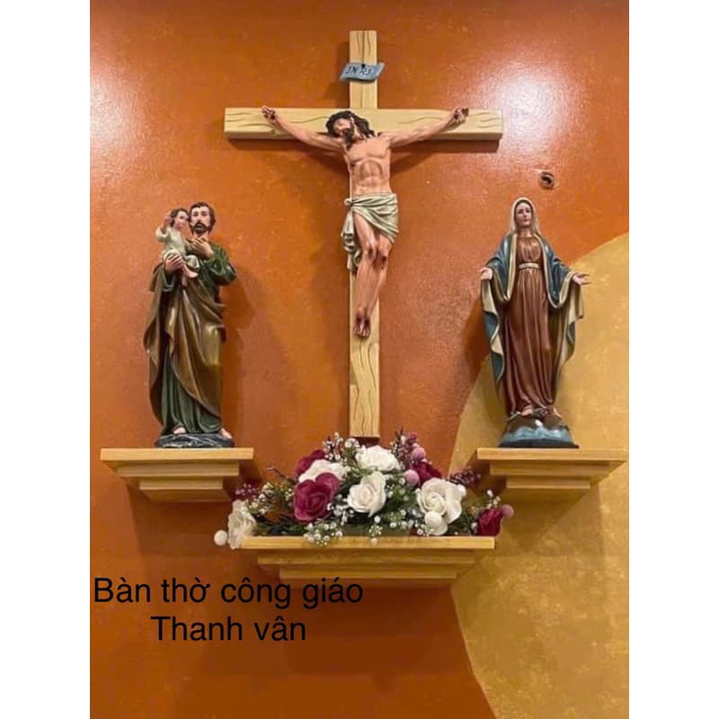 Bộ tượng bàn thờ chúa polystone sơn tay giả cổ cao cấp 50cm thánh giá cao 80cm (chưa có kệ ) - 1