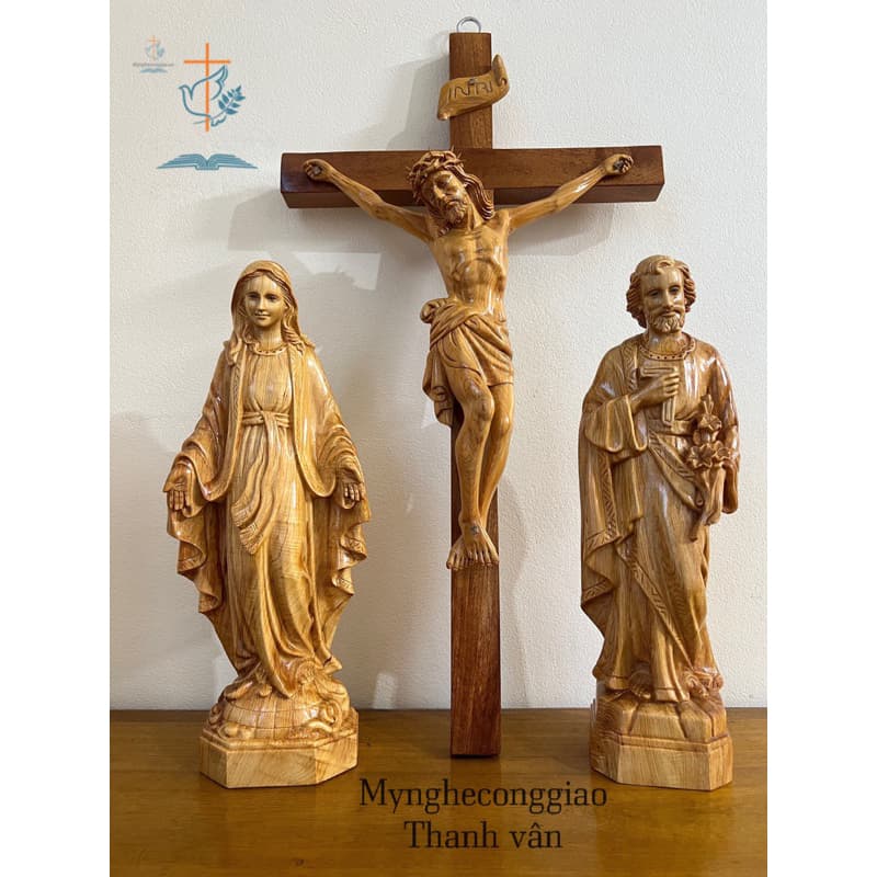 bộ tượng gỗ pơmu _ Tượng công giáo cao 40cm thánh giá 65cm | tượng chúa để bàn thờ - 1