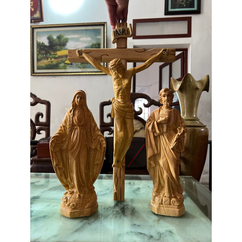 Bộ tượng bàn thờ thiên chúa gia đình thánh gia phun 3D giả gỗ | Thánh giuse thợ, Mẹ Maria và Chúa Chịu Nạn - 1
