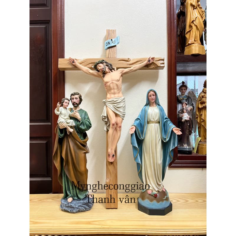 Bộ tượng bàn thờ công giáo sơn vẽ tay thủ công giả cổ sắc nét cao 50cm_Tượng polystone bền đẹp - 1