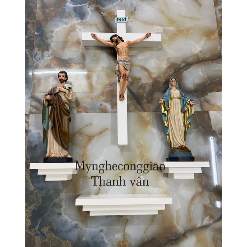 Trọn bộ bàn thờ chúa kệ vuông trắng tượng vẽ tay thủ công theo hướng giả cổ size nhỏ 30cm - 1