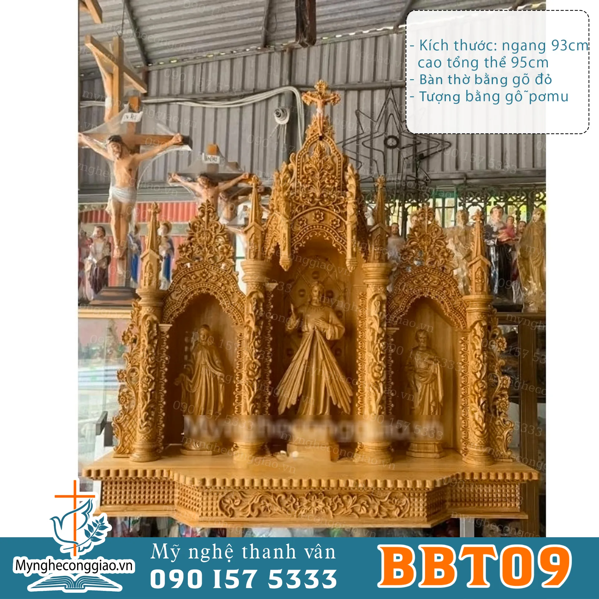 Bộ bàn thờ chúa bằng gỗ + tượng công giáo ( lòng thương xót, đức mẹ ban ơn, thánh giuse thợ) - 1