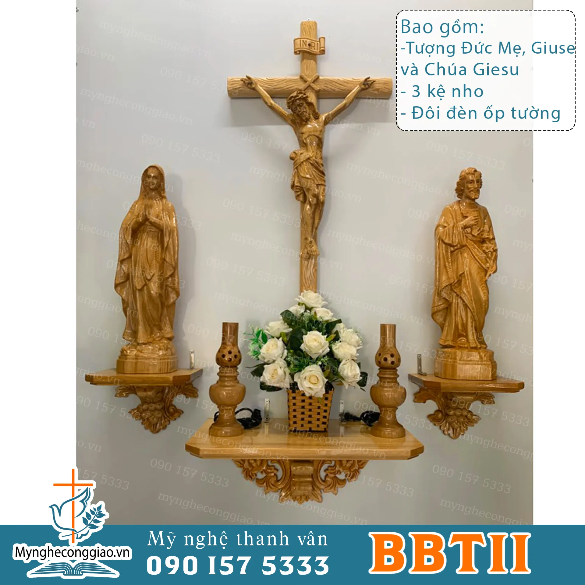 Bộ bàn thờ chúa treo tường bằng gỗ | Bộ bàn thờ công giáo (tượng chúa chịu nạn+đức mẹ ban ơn+giuse+đồ trang trí) - 1