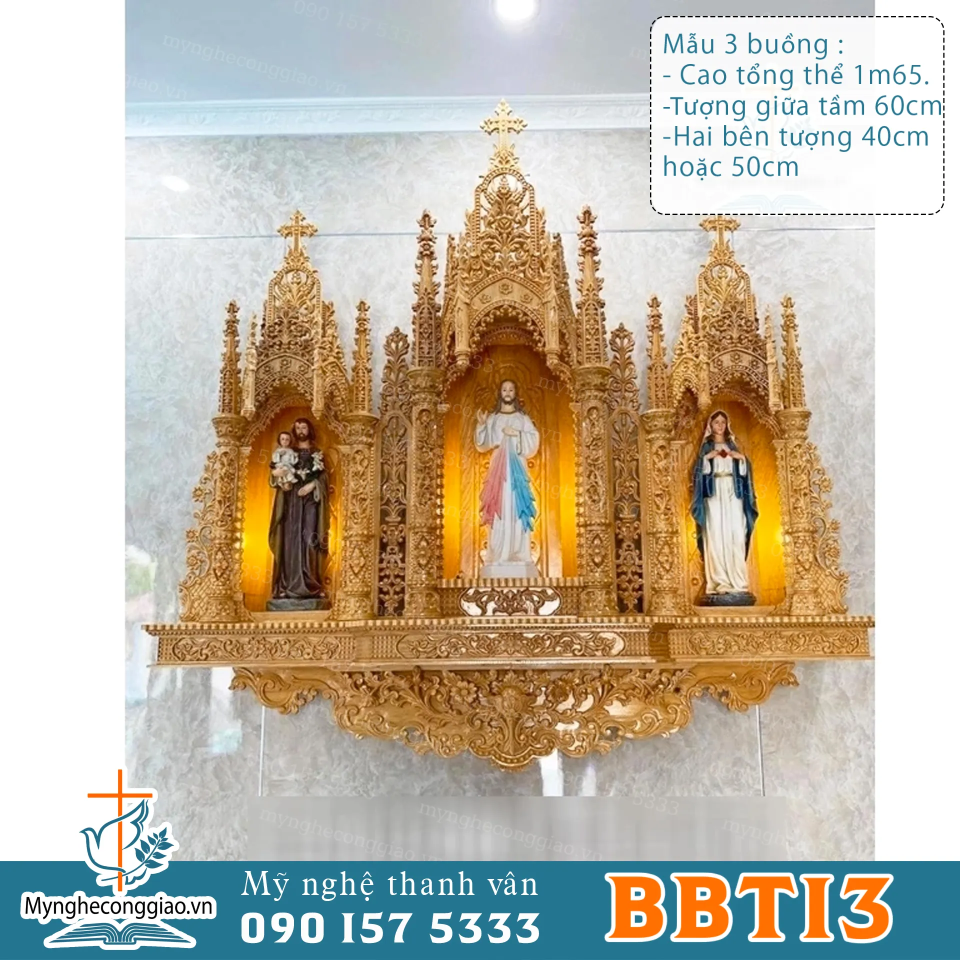 Tòa gỗ công giáo 3 buồng 6 cột | bàn thờ chúa bằng gỗ chưa bao gồm tượng - 1