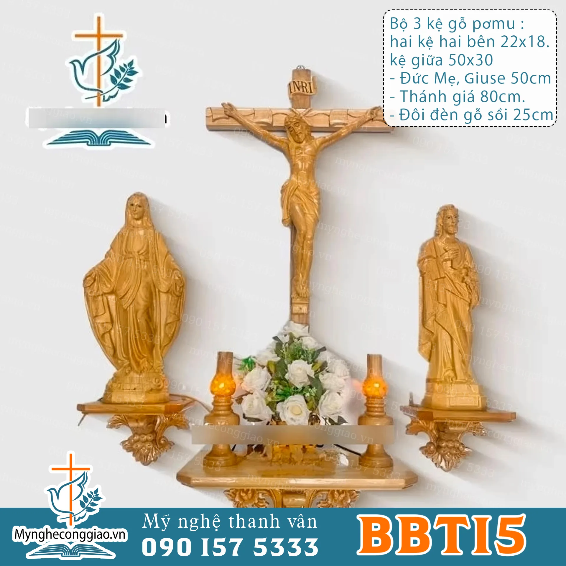 bộ Kệ thờ công giáo bằng gỗ ( chúa chịu nạn + đức mẹ ban ơn + giuse thợ) + đèn thờ - 1
