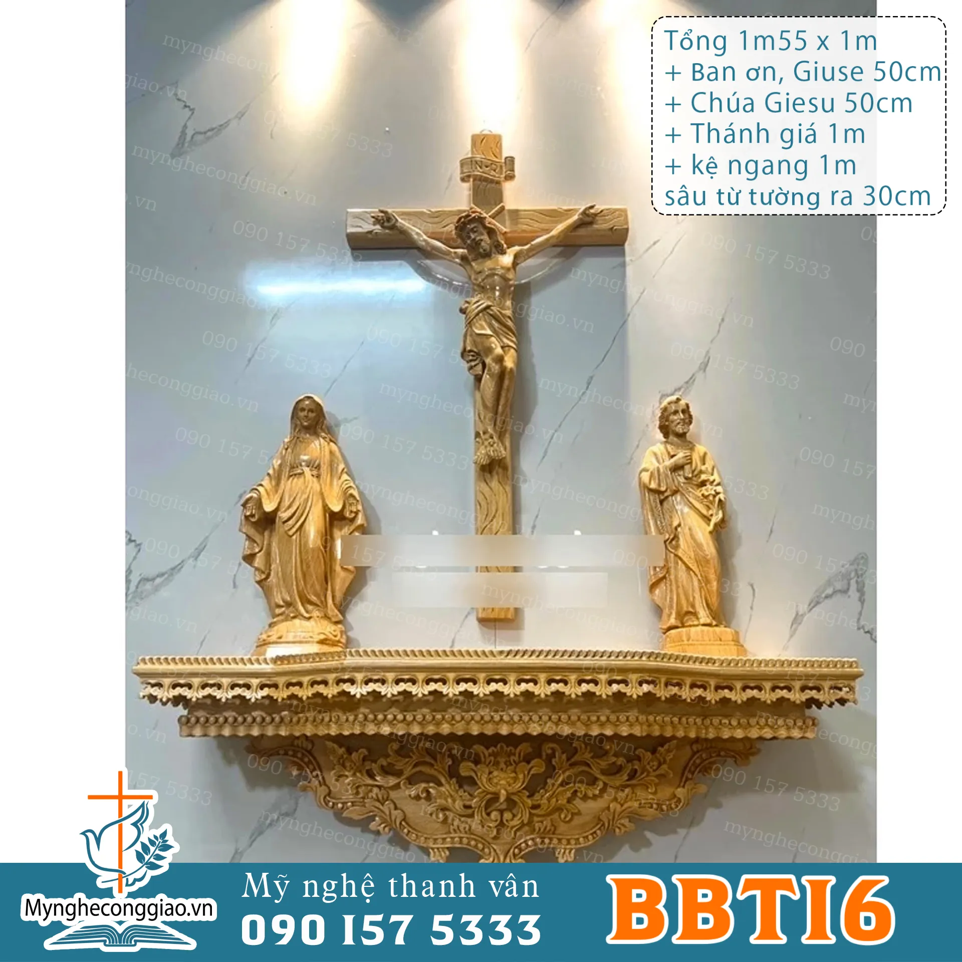 Set bộ bàn thờ Chúa bằng gỗ mẫu kệ hoa và tượng gỗ 50cm thánh giá 1m - 1