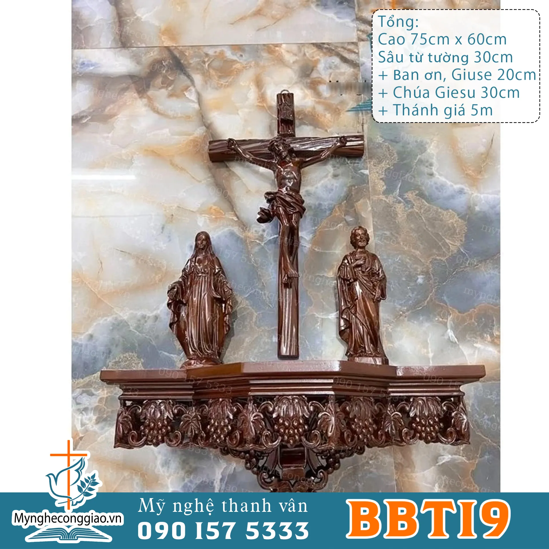 [ Hàng đặt ] Bộ bàn công giáo bằng gỗ pơmu phun màu ngang 60cm | kèm tượng chúa +đức mẹ + giuse - 1