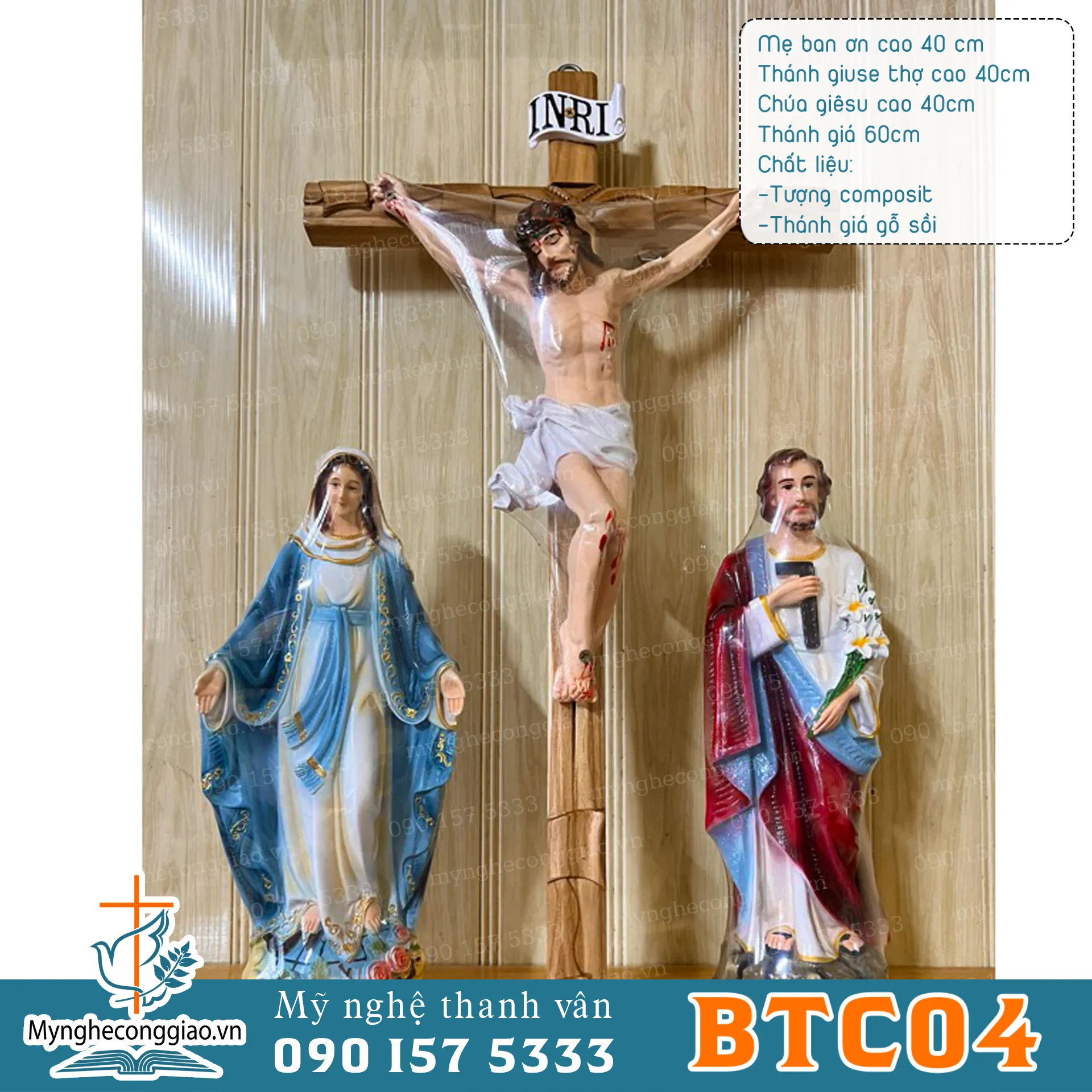 Bộ tượng công giáo composit 40cm thánh giá 60cm | Chúa Giê su, Đức Mẹ, Giuse bế - 1