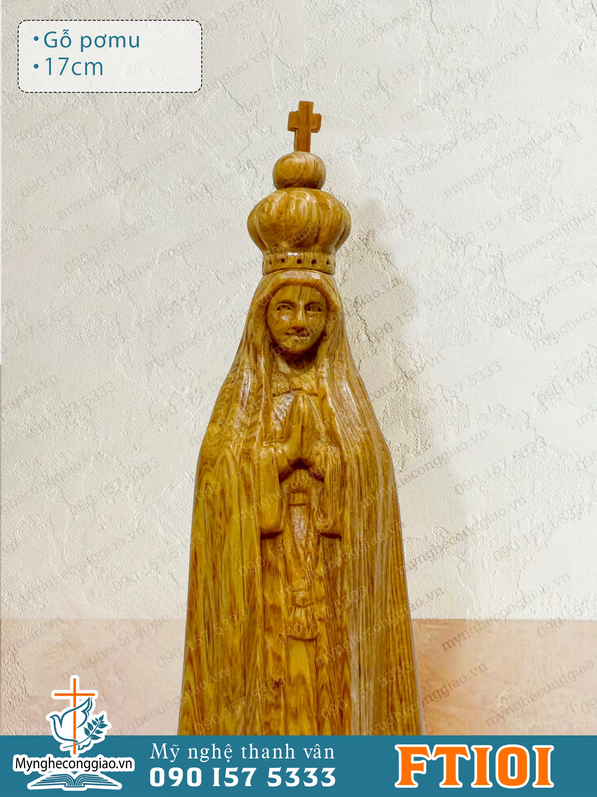 Tượng mini Đức mẹ Fatima bằng gỗ pơ mu cao 17cm - 1