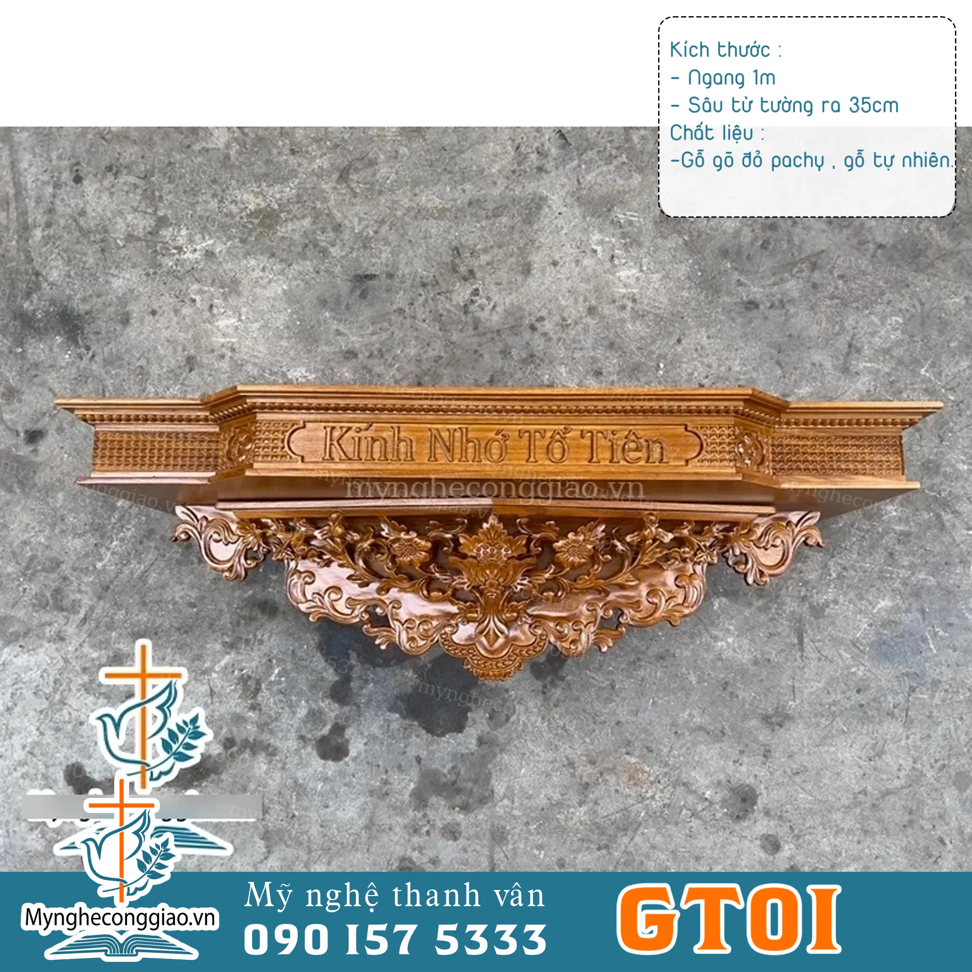 Bàn thờ gia tiên , Kính nhớ Tổ Tiên gỗ gõ đỏ 1mx35 | Bàn thờ ông bà treo tường - 1