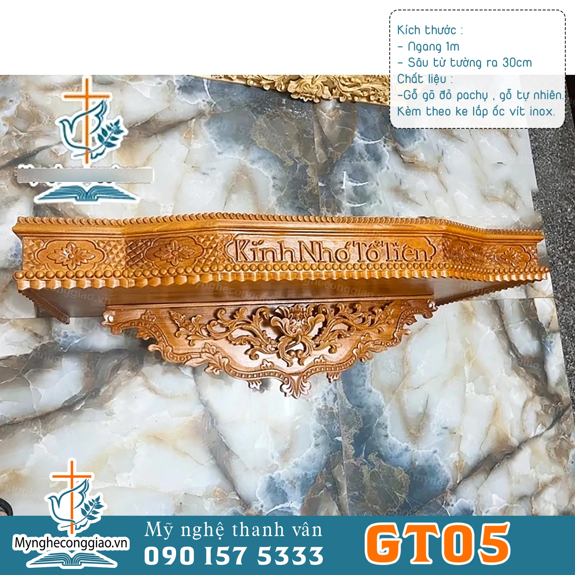 Bàn thờ Kính nhớ tổ tiên gõ đỏ 1m | Kệ gỗ gia tiên cao cấp treo tường - 1