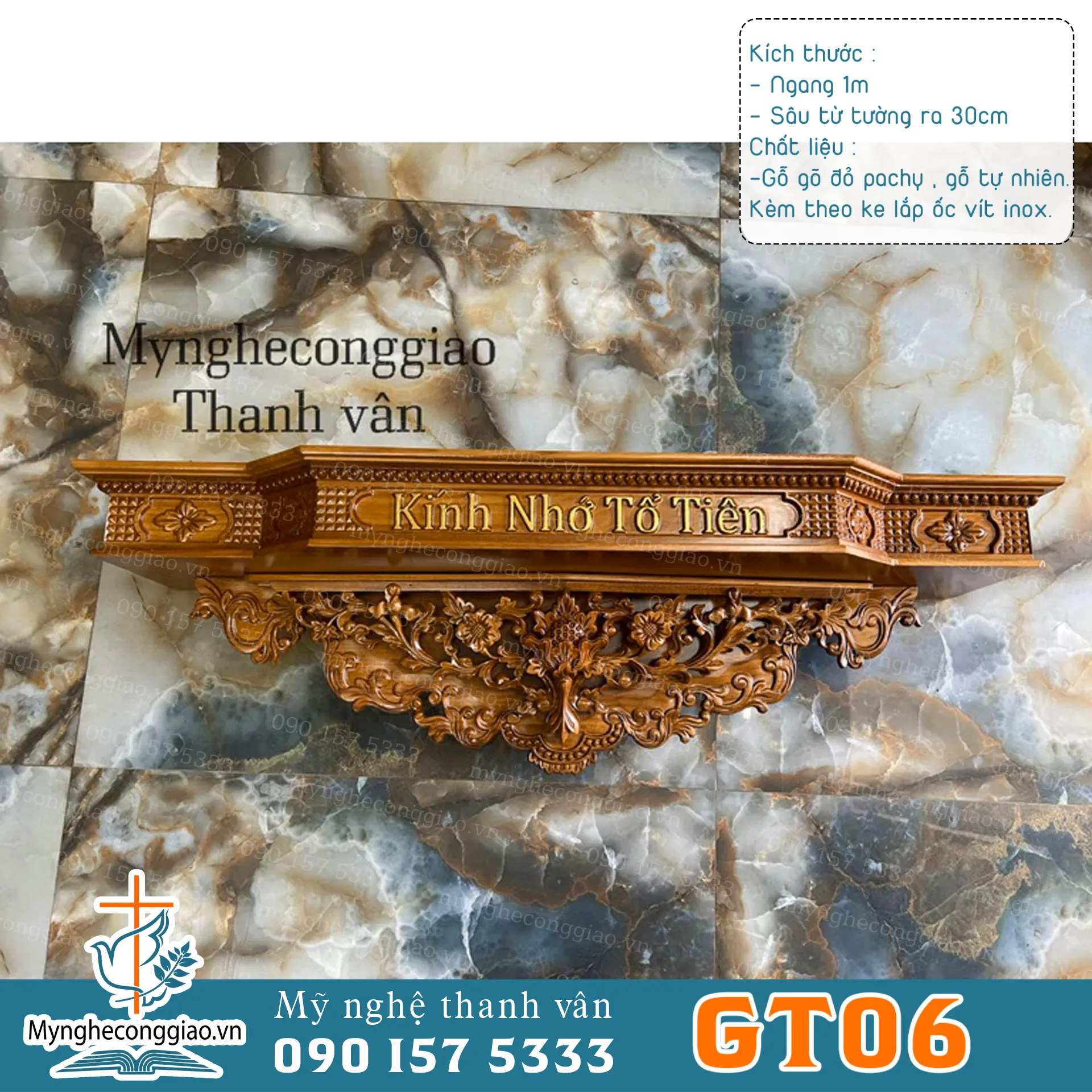 bàn thờ ông bà tổ tiên bằng gỗ gõ đỏ pachy chữ thiếc vàng nổi bật cao 1mx30cm - 1