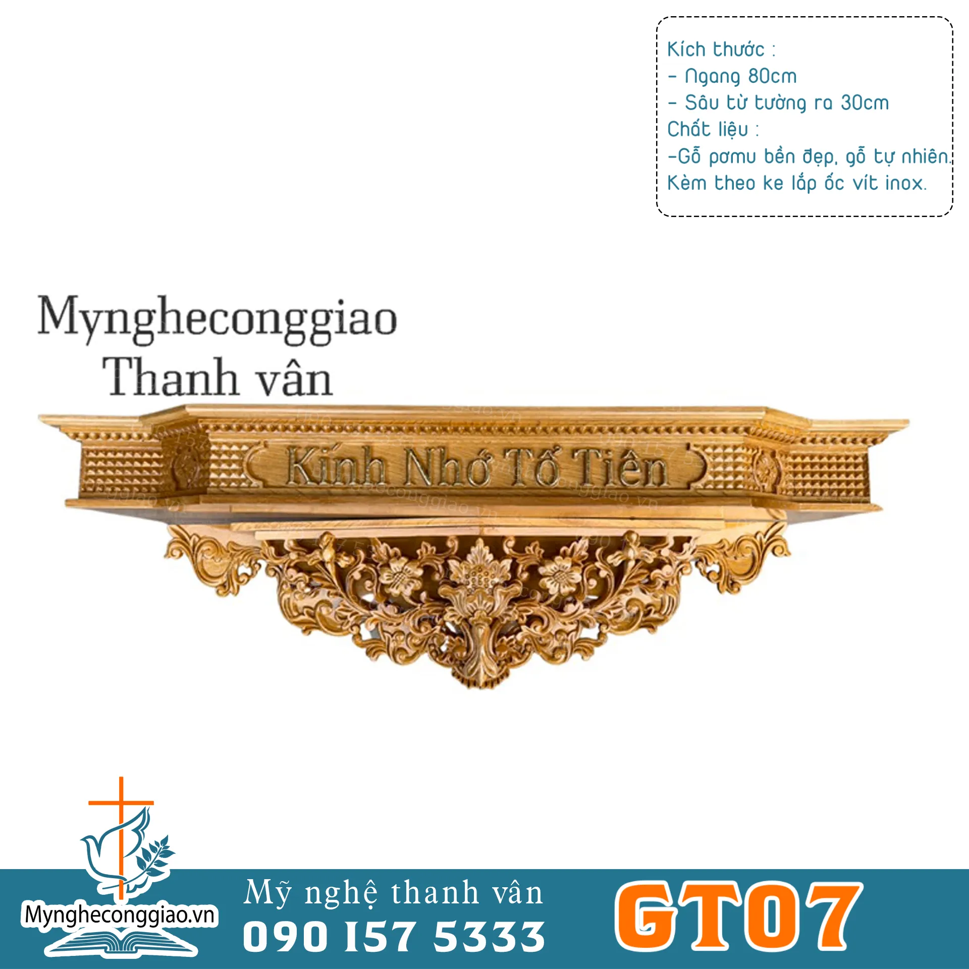 bàn thờ gia tiên 80x30cm | Kính nhớ tổ tiên chữ thiếp vàng nổi,kệ gỗ pơmu cao cấp. - 1