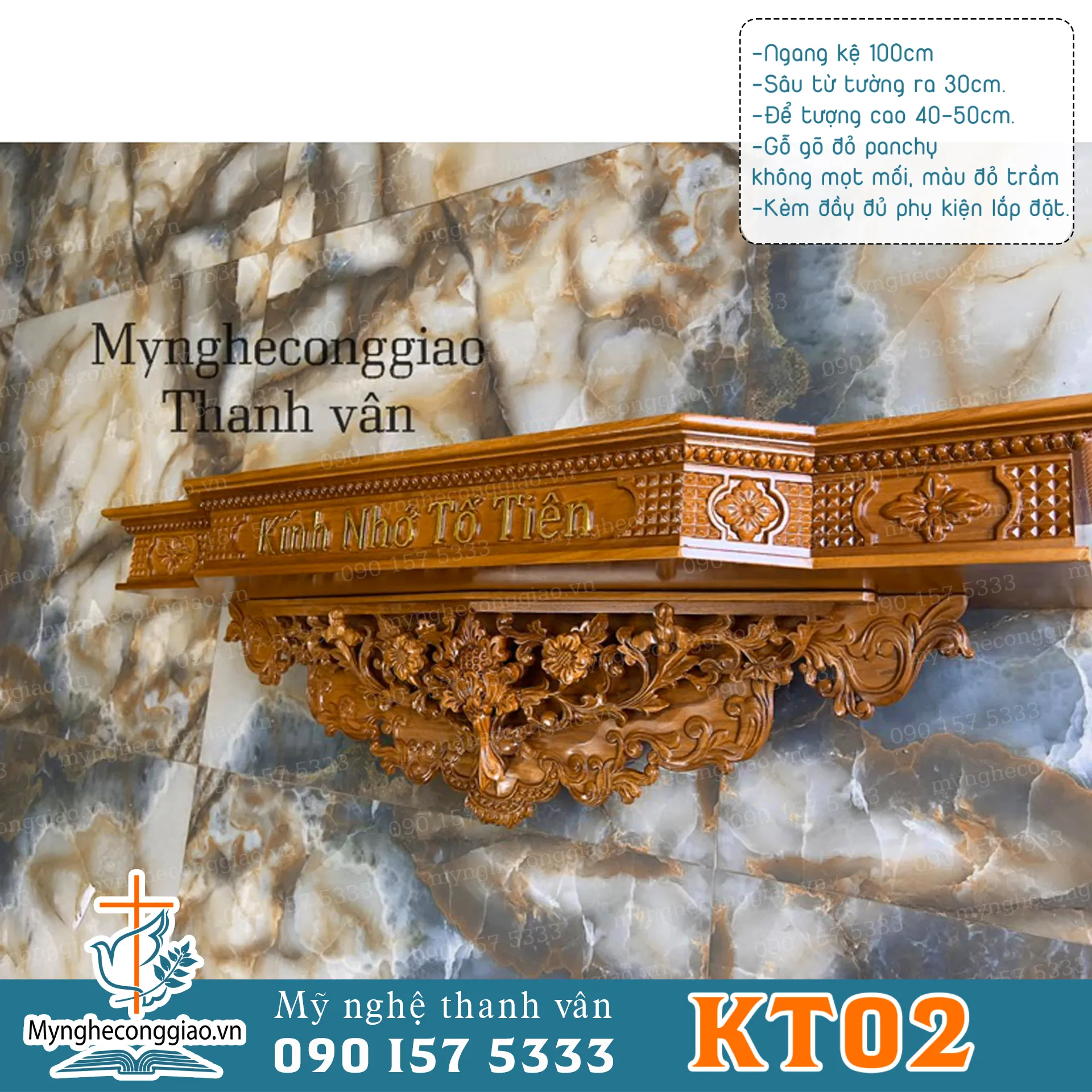 bàn thờ ông bà treo tường gỗ gõ đỏ pachy chữ thiếc vàng nổi bật-Mẫu bàn thờ ông bà công giáo 1mx30 - 1