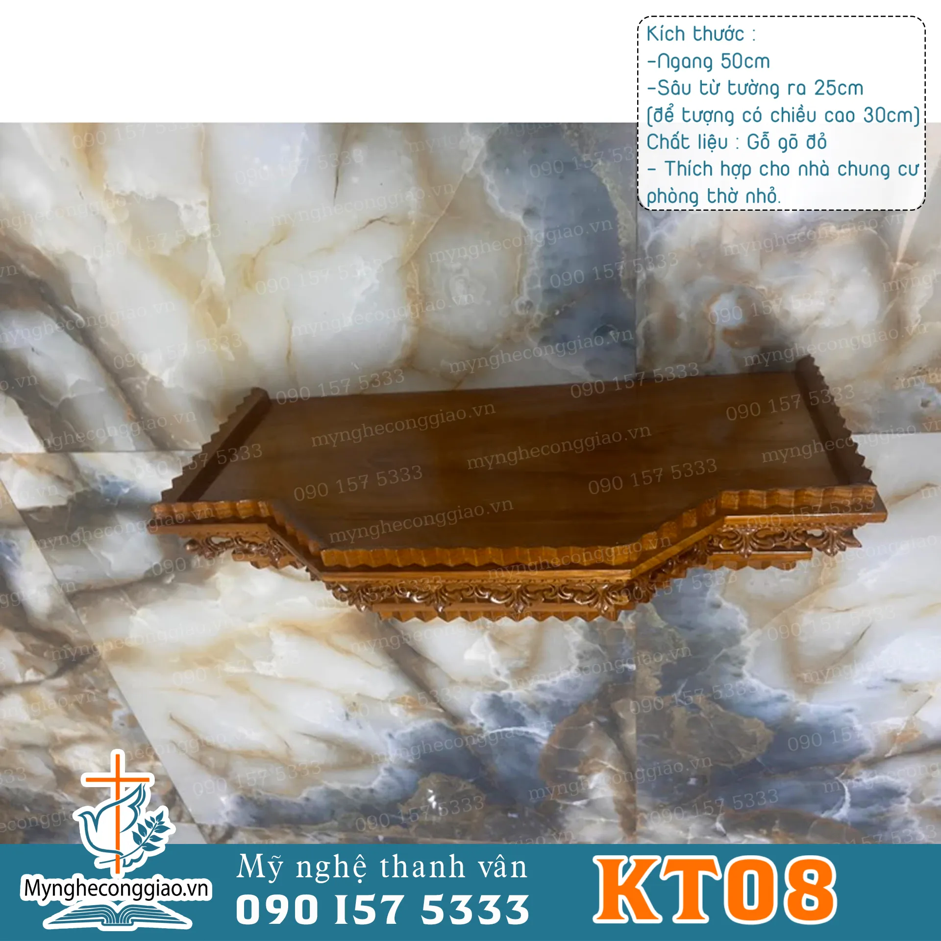 bàn thờ thiên chúa treo tường kiểu kệ hoa gỗ gõ đỏ cao 50x25cm để tượng 30cm - 1
