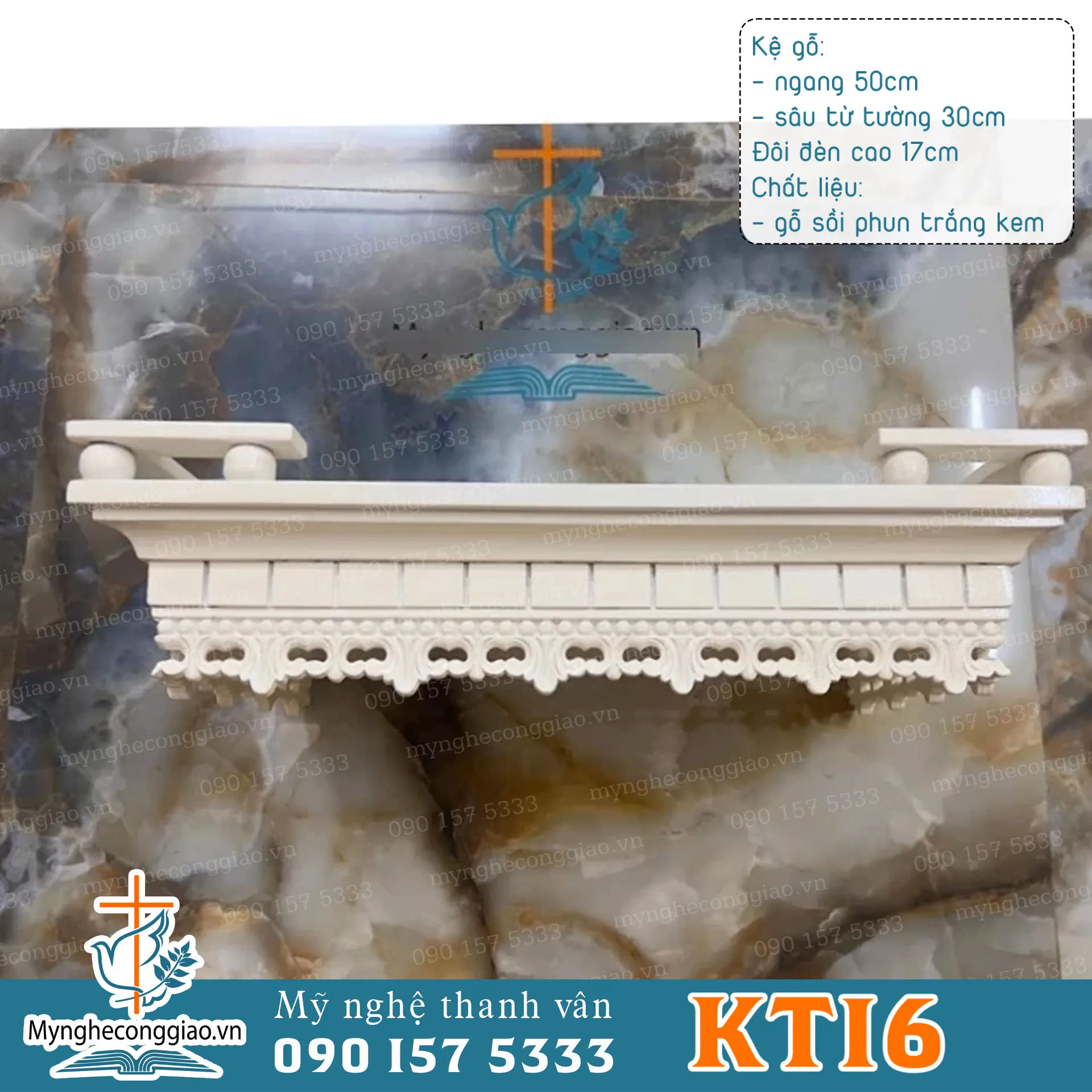 combo bàn thờ chúa treo tường và đôi đèn gỗ sồi phun màu trắng kem | kệ gỗ treo tường mini lắp chung cư - 1
